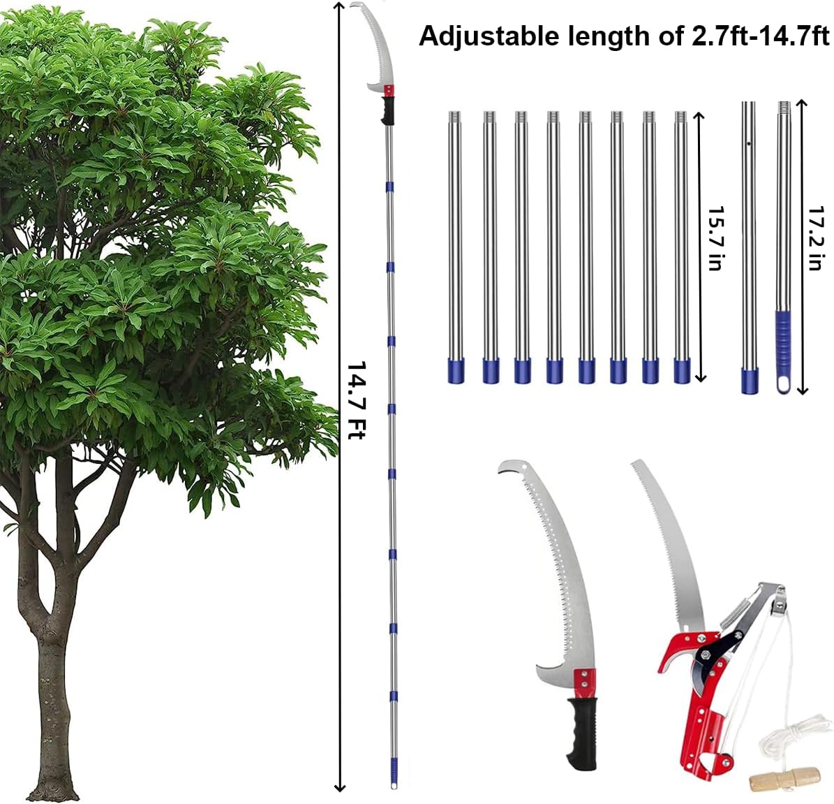 Manual Pole Saw, Pole Saws for Tree Trimming,2.7ft-14.7ft,Tree Pruner Extendable, Manual Pole Cutter for Yard Garden Patios Trees Branches Cutting